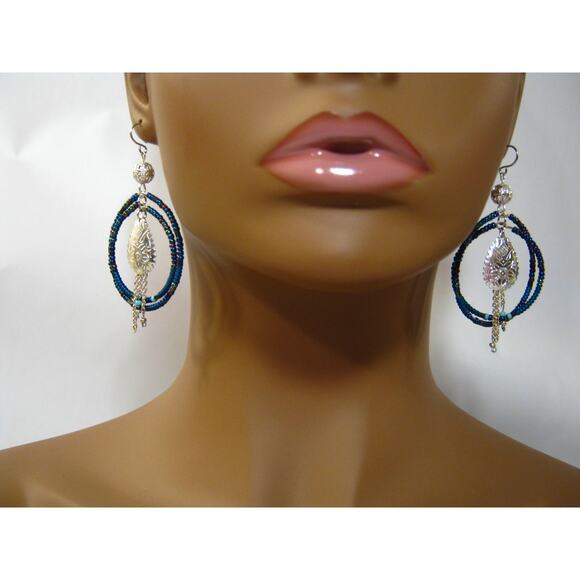 Set of Handcrafted Glass Turquoise Hoops Vintage & Shell beaded Drop Earrings - Picture 2 of 11